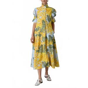 NEW THIERRY COLSON venetia midi dress in yellow/storm blue